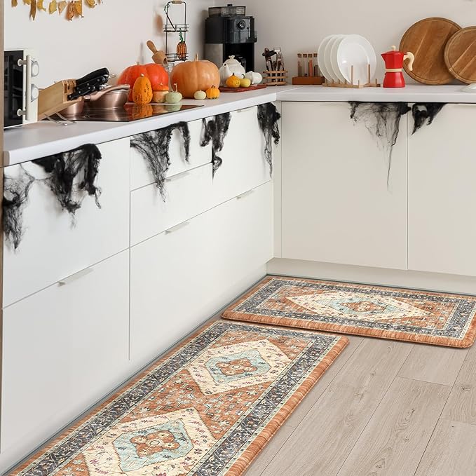 KIMODE Anti Fatigue Kitchen Mat for Floor, Boho Orange Kitchen Rugs Sets of 2, Cushioned Kitchen Floor Mats, Fall Kitchen Rugs Non Slip for Halloween Sink Laundry Desk Home 17"x47"+17"x29"
