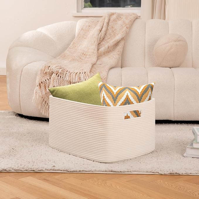 OIAHOMY 75L Large Blanket Basket, Woven Cotton Rope Baskets for Organizing, 22”x17”x12”, Blanket Basket living Room, Bedroom, Nursery, Dog Toy Storage Bins, White