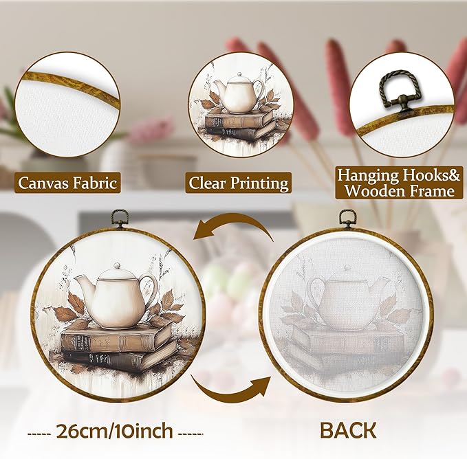 Mcehtle Vintage Fall Wall Art Decor, Rustic Autumn Teapot Books Maple Leaf Framed Canvas Prints 10x10, Cozy Fall Round Wall Hanging Artwork Decorations for Kitchen Bedroom Living Room Home