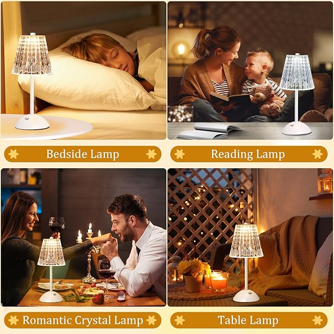 Cordless Touch Table Lamp, LED Rechargeable Small Dask Lamp, 3 Colors Dimmable Battery Operated Crysta Lamp for Bedroom Restaurant Kitchen Home Decor, White