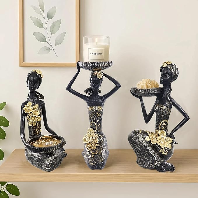 African Lady Figurine Candle Holder with African Tribal Totem for Wedding,Church,Holiday Decor-African Decorative Women Statues, Candlestick Holder for Home and Table Decor(404-Black)
