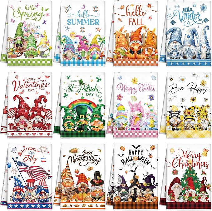 12 Pcs Seasonal Kitchen Towels Set for All Holidays Hand Dish Tea Towels Fall Halloween Christmas Cute Drying Dishcloths Decorative Absorbent Wash Cloths(Gnome Style,Bright Color)