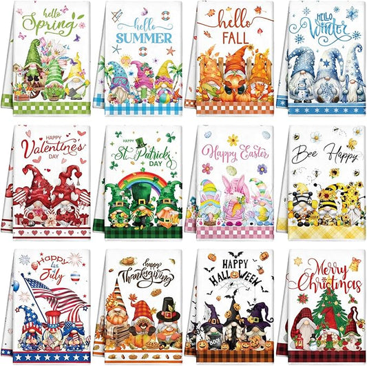 12 Pcs Seasonal Kitchen Towels Set for All Holidays Hand Dish Tea Towels Fall Halloween Christmas Cute Drying Dishcloths Decorative Absorbent Wash Cloths(Gnome Style,Bright Color)