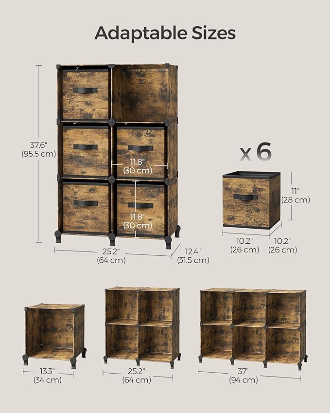 SONGMICS Cube Storage Organizer with Storage Boxes, Set of 6-Cube Organizer, 6 Collapsible Non-Woven Fabric Bins, Customizable, Space-Saving, Bedroom, Rustic Brown ULPC062K01