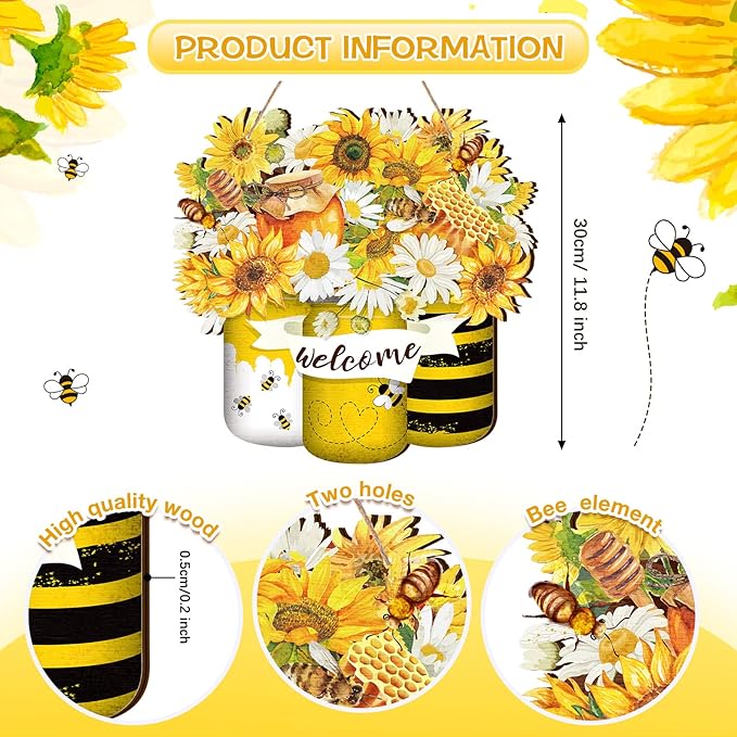 Spiareal Bee Welcome Yellow Hanging Front Door Summer Decorations for Home Hanger Wooden Sign Farmhouse Wall Bright Porch Decoration Art Wreaths for Front Door Outside All Season
