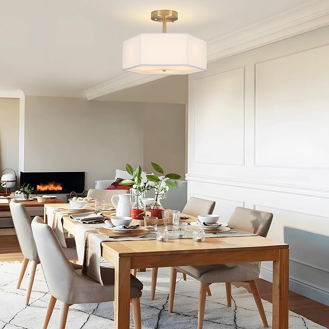 Modern Ceiling Light with White Fabric Shade 3-Light Gold Semi Mount Flush Fixture for Bedroom Dining Room Kitchen and Hallway