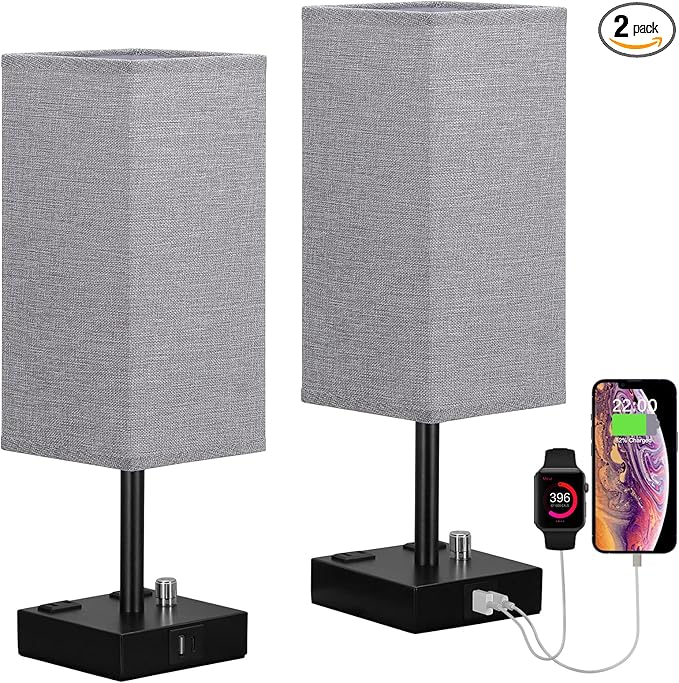 Gray Fully Dimmable Nightstand Lamps Set of 2 - Table Bedside Lamp with USB C+A Charging Ports & 2 AC Outlets, Square Lamp Sets Linen Fabric Shade for Bedroom Living Room(Bulb Included)