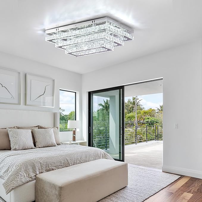 Finktonglan Modern Crystal LED Ceiling Light Fixture 20” Rectangular Flush Mount Chandelier Ceiling Lights 3-Tiers Stainless Steel Ceiling Lamp Fixtures for Living Room Dining Room(6500K Cool White)