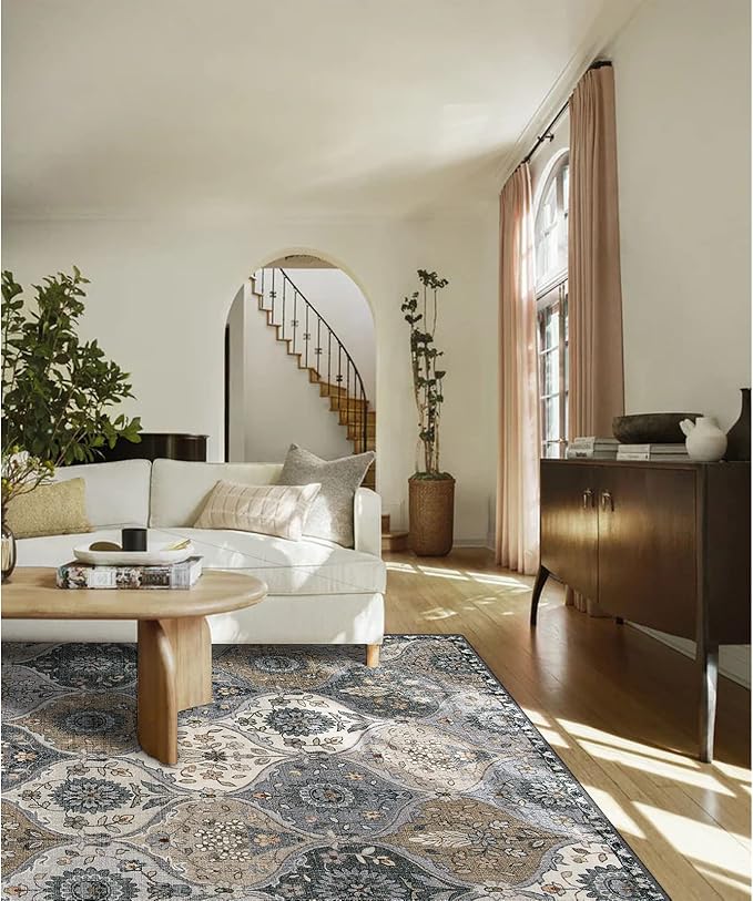 Lahome Moroccan Trellis Washable Area Rug, 5x7 Rugs for Living Room Indoor Non-Slip, Large Oriental Accent Throw Carpet for Bedroom Entryway Bathroom Office, Grey