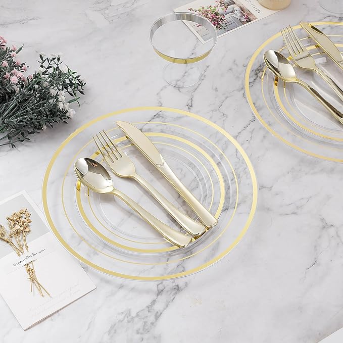 100PCS Clear Plastic Plates, 10.25 Inch Disposable Dinner Plate Party with Gold Rim, Heavy Duty Disposable Plastic Plates for Party, Wedding and Birthday, Christmas, Thanksgiving