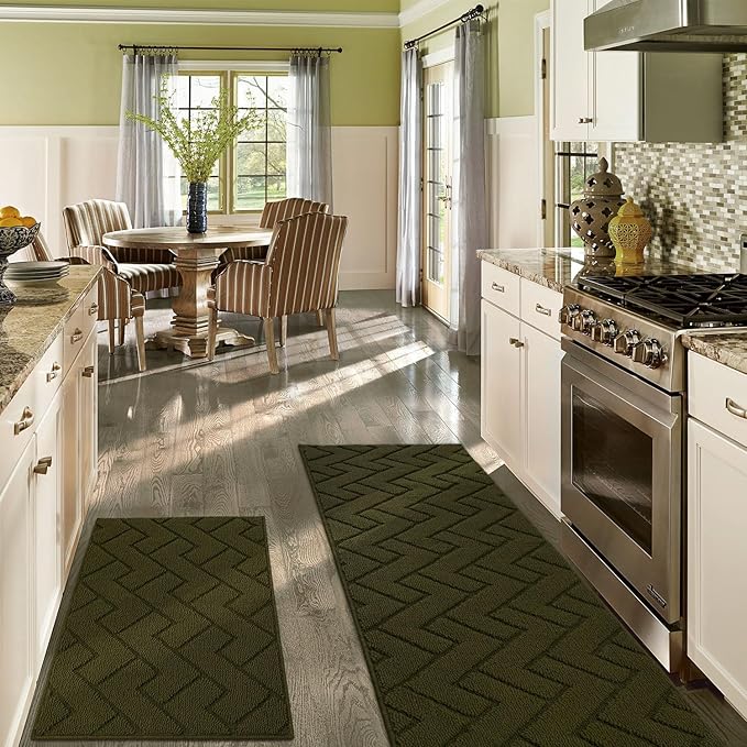 hicorfe Kitchen Rugs and Mats Sets,2 Pieces Super Absorbent Polypropylene Non-Slip Rug,Soft Comfort Floor Mat,Washable for Kitchen,Hallway,Office,Sink,Laundry(20" x 31.5" Plus 20" x 59",Oliver Green)