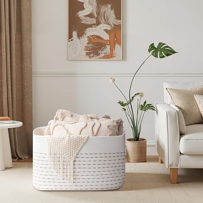 OIAHOMY 75L Blanket Basket, Woven Cotton Rope Basket for Organizing 22”x17”x12”, Used for Living Room, Bedroom, Nursery, Light Yellow & White