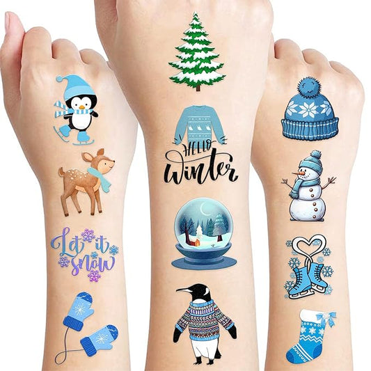 100 PCS Funny Blue Winter Temporary Tattoos Sticker Snowman Birthday Snowflake Christmas Party Decorations Decor Supplies Favors Gifts Girls Boys Baby Showers Cute Fake Tattoos Classroom Reward Themed