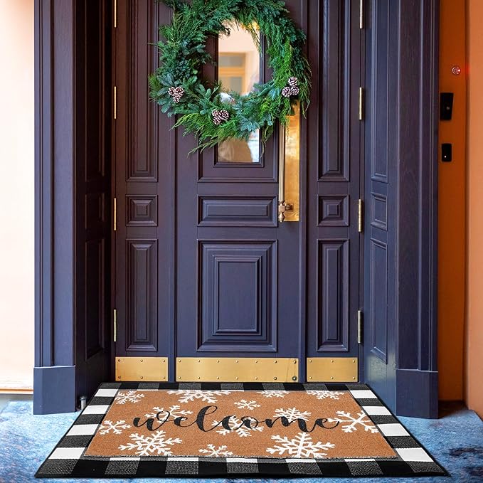 2 Pcs Christmas Welcome Door Mat Winter Snowflake Outdoor Welcome Mats for Front Door Non Slip Winter Coir Floor Mat Black White Check Christmas Rug for Outside Front Porch Entryway Decor