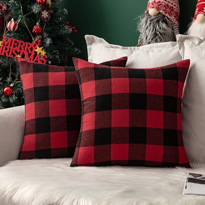 MIULEE Pack of 2 Classic Farmhouse Buffalo Check Plaids Polyester Linen Soft Solid Black and Red Decorative Throw Pillow Covers Home Decor Cushion Case for Sofa Bedroom Outdoor 16 x 16 Inch