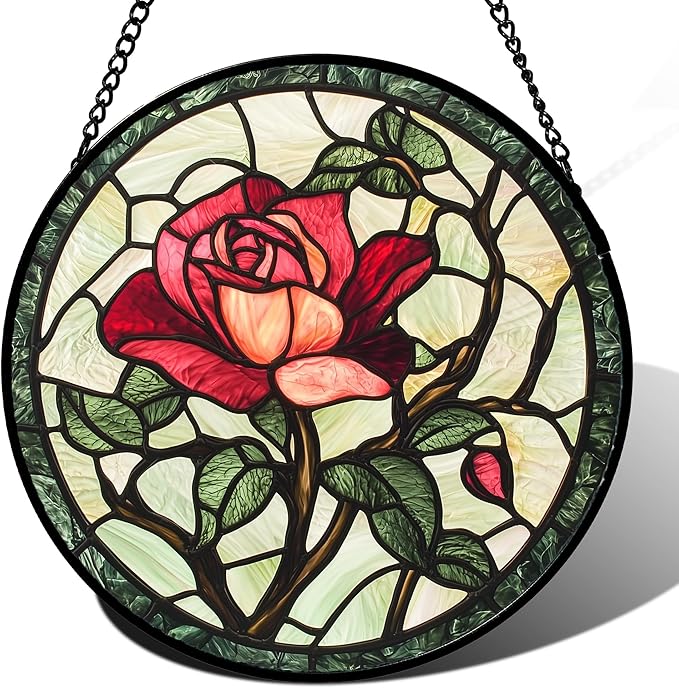 Stained Glass Window Hanging, Red Rose Flowers Sun Catcher for Door Garden Home Decor Suncatcher Christmas Mother's Day Birthday Gifts for Women Lovers Men Wife Girlfriend Mom Nana 11.8 in