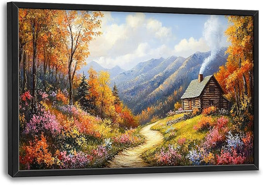Framed Large Autumn Mountain Wall Art for Living Room, Oversized Wildflower Tree Wall Decor Nature Landscape Canvas Painting Modern Artwork Home Decoration for Living Room Bedroom 36"x24"