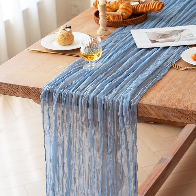 FEXIA 6 Pack Dusty Blue Table Runner 35x120 Inches Gauze Table Runner for Bridal Shower Wedding Party First Communion Centerpiece Engagement Boho Table Decoration (Dusty Blue)