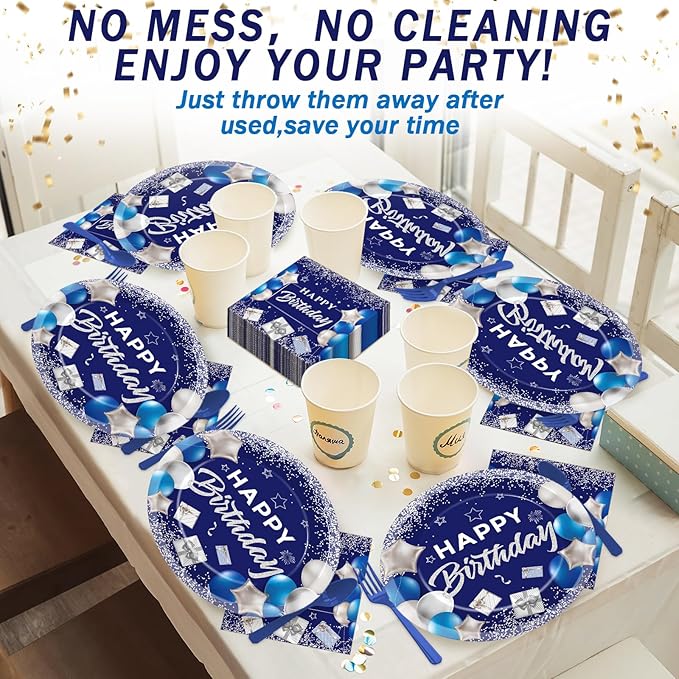 Birthday Oval Paper Plate 11inch Large Happy Birthdays Plates and Napkins, Blue and Silver Party Decoration Favor Dish Tray for Man Woman Bday Baby Shower Holiday Gathering Supplies Tableware 25 Guest