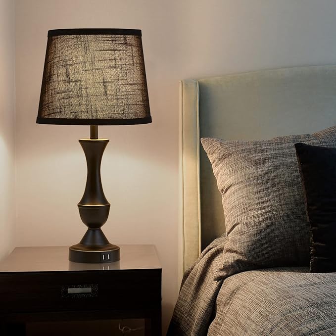 Luvkczc Black Touch Table Lamps Set of 2, 22" Tall Bedside Lamps with USB C+A Charging Ports, Nightstand Lamps for for Bedroom, Living Room, Office, with Black Lampshade, LED Bulb Included