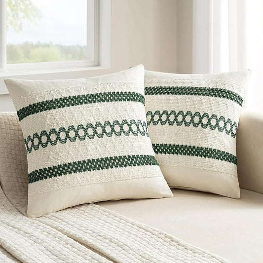 MIULEE Set of 2 Dark Green Boho Christmas Decorative Pillow Covers 18x18 Inch Farmhouse Rustic Couch Throw Pillows Modern Spring Cotton Cushion Cover Retro Macrame Woven Home Decor for Bed Sofa Chair