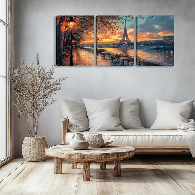 3 Pieces Paris Eiffel Tower Decor Wall Art Canvas Paintings Picture Posters Prints Landscape Wall Art Decor for Living room Bedroom Home Office Wall Decor Framed Wall Art (36''W x 16''H)