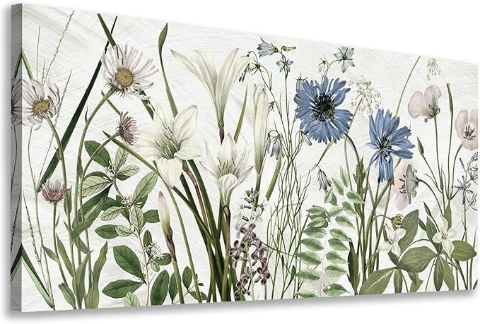 NINEASO Botanical Canvas Wall Art - Wildflower Pictures Floral Wall Decor Nature Prints Green Blue Flower Plants Painting Artwork for Living Room Bedroom Home Office Decorations 24" x 48"