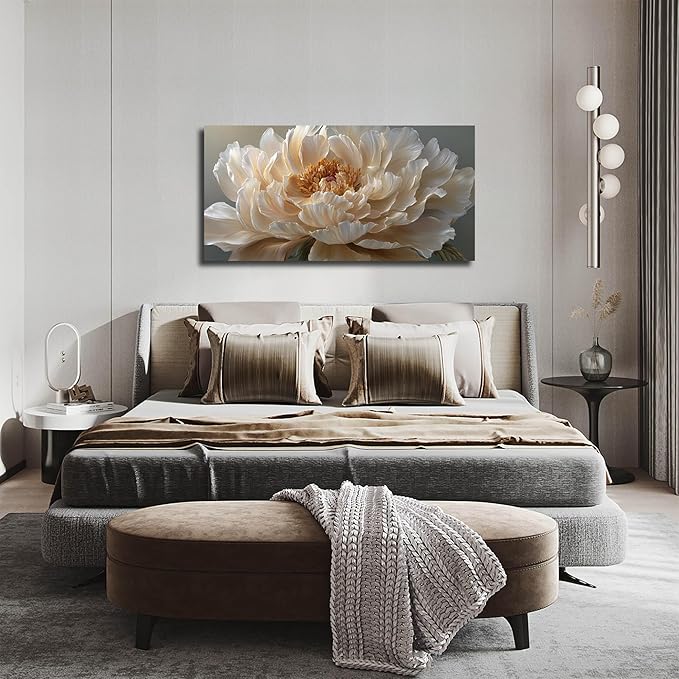 Large Floral Canvas Wall Decor for Bedroom Living Room Office Light Yellow Wall Art Flower Picture Art White Peony Modern Artwork Posters 24"x48"