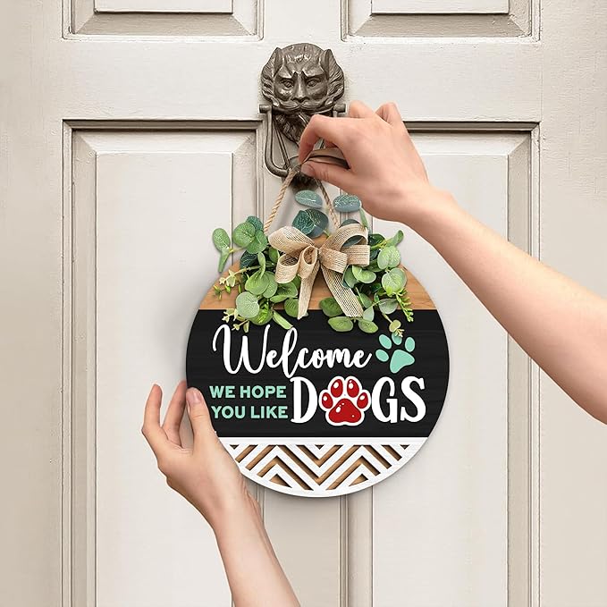 GOSSBY Interchangeable Welcome Sign for Front Door - WE HOPE YOU LIKE DOGS - Seasonal Rustic Wood Wreath - Hanging Wall Sign Decoration for Outside, Porch, Farmhouse - New Home, Housewarming Gift