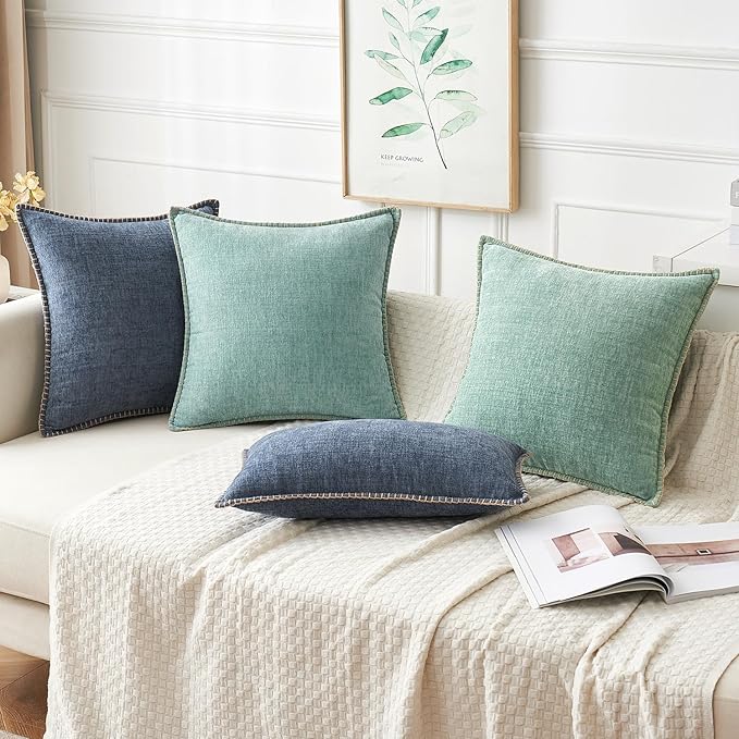 MIULEE Pack of 2 Couch Throw Pillow Covers 18x18 Inch Coastal Aqua Blue Farmhouse Decorative Pillow Covers with Stitched Edge Soft Chenille Solid Dyed Spring Pillow Covers for Sofa Bed Living Room