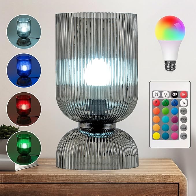 Modern RGB Glass Table Lamp with Remote,Color Changing Bedside Lamp with Ribbed Glass Shade, 16 Colors, On/Off Cord Switch, Nightstand Lamp for Bedroom, Living Room, Office, Bulb Included