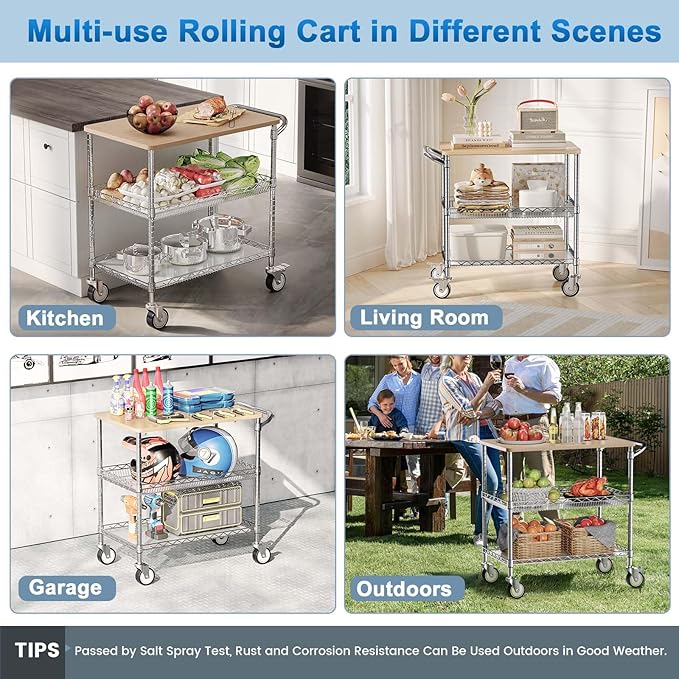 Leteuke Rolling Kitchen Carts with Wheels, 34" L x 17.5" W, 3-Tier Heavy Duty Utility Cart with Wood Tabletop, NSF Commercial Metal Serving Cart with Handle and Shelf Liner for Kitchen, Chrome