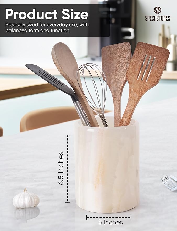 Marble Utensil Holder 6.5 Inch White Onyx Stone Cooking Utensil Crock for Countertop Storage, Modern Utensils Caddy, Spoon & Spatula Organizer for Farmhouse Kitchen Decor