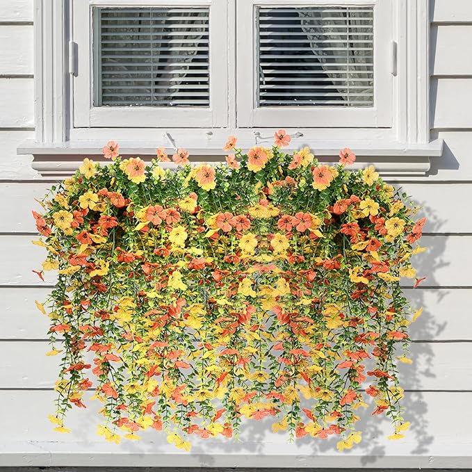 4 Pcs Artificial Hanging Flowers for Outdoor Decor, Fake Hanging Plants UV Resistant Realistic Yellow Orange Fake Hanging Flowers for Outside Garden Porch Spring Summer Decor