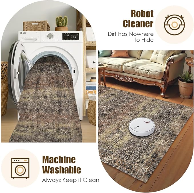 Washable Area Rug 3' x 5 ' Vintage Traditional Persian Mat - Foldable Distressed Non-Slip Machine Washable Carpet for Living Room Bedroom Kitchen Home Decor - Umber and Slate