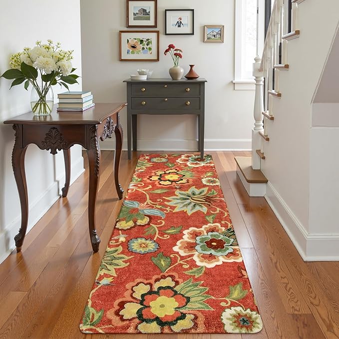 Lahome Floral 2x6 Kitchen Runner Rug, Washable Hallway Runner, Vintage Soft Non-Slip Carpet for Entryway Laundry Living Room (2'x6', Red)