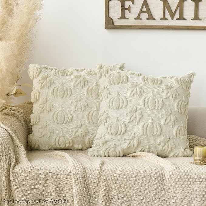 AVOIN colorlife Fall Pumpkin Maple Leaves Beige Throw Pillow Covers, 16 x 16 Inch Seasonal Autumn Thanksgiving Harvest Soft Plush Faux Fur Jacquard Cushion Case Decoration for Sofa Couch Set of 2