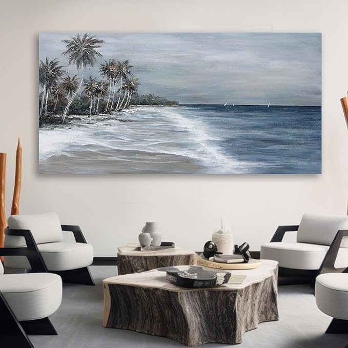 Coastal Wall Art Blue Gray Beach Wall Decor Landscape Abstract Canvas Painting Modern Ocean Artwork Framed for Living Room Bedroom Bathroom Office Decor 20"x40"Can Be Hung Directly