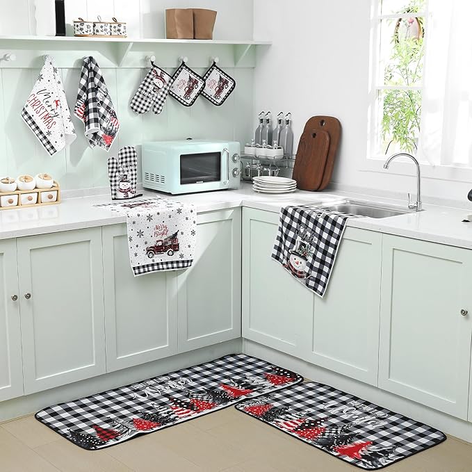 10 Pcs Christmas Kitchen Decor Sets, 4 Xmas Kitchen Dish Towels 2 Pot Holders 2 Oven Mitts Glove Buffalo Plaid Non Slip Rugs and Mats for Floor Home Christmas Decorations Accessories Gifts