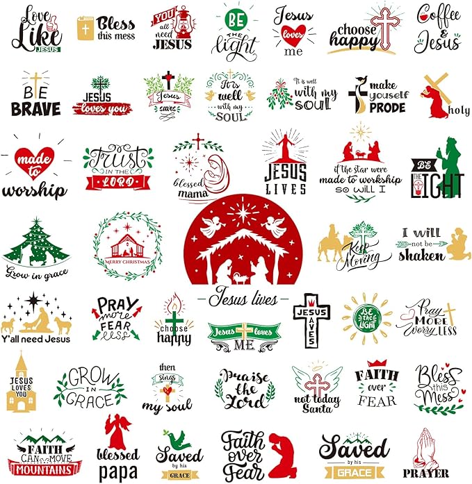 Epakh 45 Pcs Large Christmas Inspirational Vinyl Stickers for Crafts Scrapbooking Christmas Ball Bottle Decals Positive Word Window Stickers Motivational Quote Wall Decal, 45 Color Words(Jesus Style)