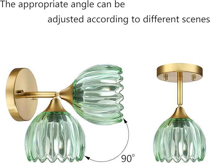 2 Pack 1 Light Vintage Wall Sconces Tulip Green Glass Lampshade Hradwired Modern Gold Wall Lighting Fixture for Bedside Bedroom Doorway