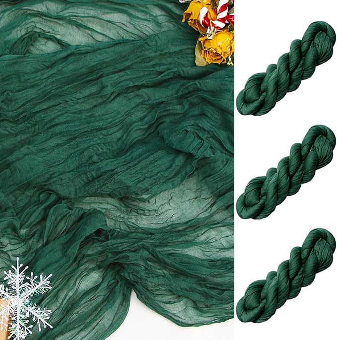 FEXIA 3 Pack Emerald Green Christmas Cheesecloth Table Runner 35x120 Inches for Baby Shower Decoration Gauze Rustic Table Runner Wedding Party Engagement Bridal Shower Decoration