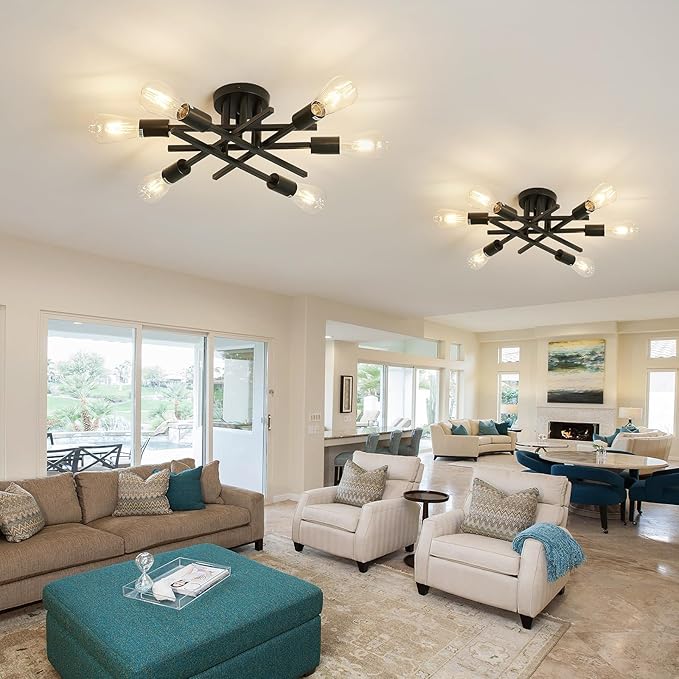 ASGYISA 6-Lights Semi Flush Mount Ceiling Light Fixture 2-Pack Black Vintage Matte Sputnik Chandelier Ceiling Lamp for Farmhouse Dining Room Living Room Bedroom Kitchen Entryway