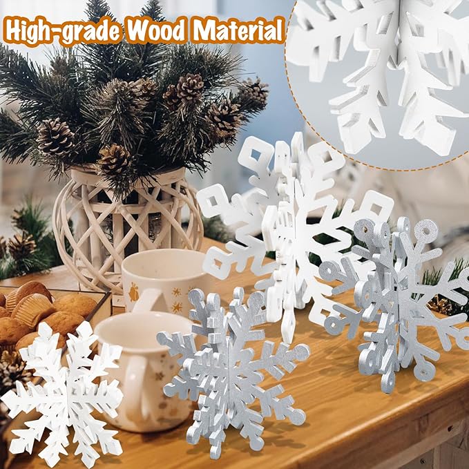 OuMuaMua 18 Sets Winter Christmas Centerpiece Table Decorations - 36pcs Wooden Snowflakes Decor 3D Silver White Snowflake Tabletop Decor for Xmas Holiday Tiered Tray Winter Farmhouse Home Decor