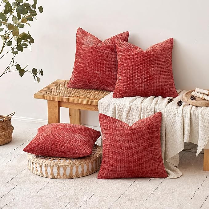 MIULEE Christmas Red Pack of 4 Couch Throw Pillow Covers 20x20 Inch Soft Decorative Chenille Pillow Covers Farmhouse Accent Cushion Covers for Boho Home Decor Sofa Bedroom Living Room