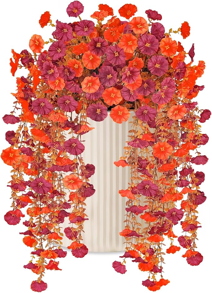 2 Pcs Artificial Hanging Flowers for Outdoor Fall Decoration, 2 Pcs Fake Morning Glory Flowers UV Resistant Faux Fall Petunias for Home Front Door Patio Decor (Dark Red Orange)