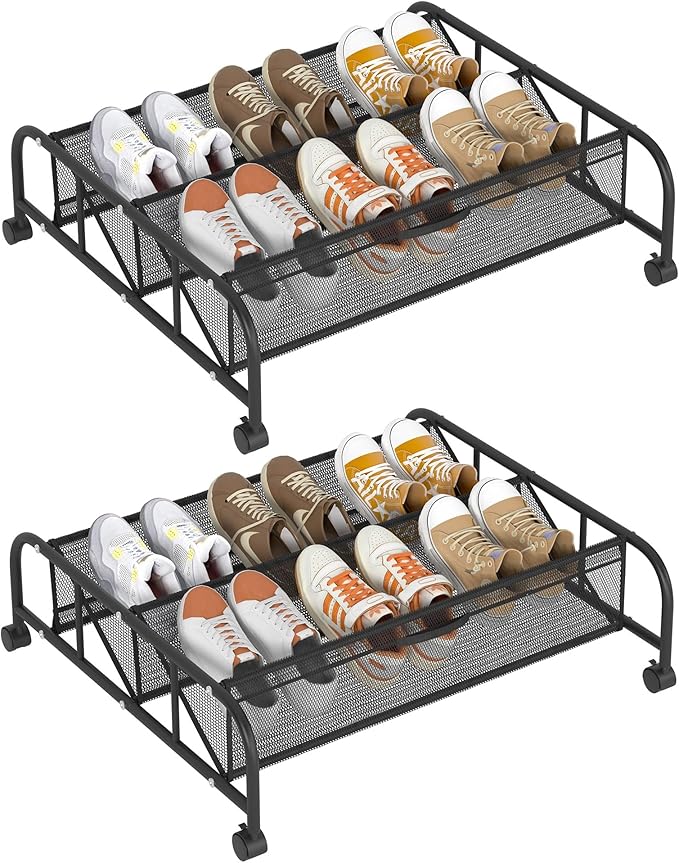 2 Tier Shoe Rack Underbed Organizer Storage Rack with Wheels Woven Mesh Cloth Shoe Organizer Drawer Space Saving for Bedroom (Black, 2 Pack)