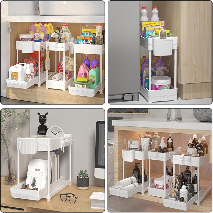 3 Pack Under Sink Organizers, 2-Tier Multi-Use Kitchen and Bathroom Organizers and Storage with Sliding Drawers,Bathroom Cabinet Organizer (White, 12.8 Inch)