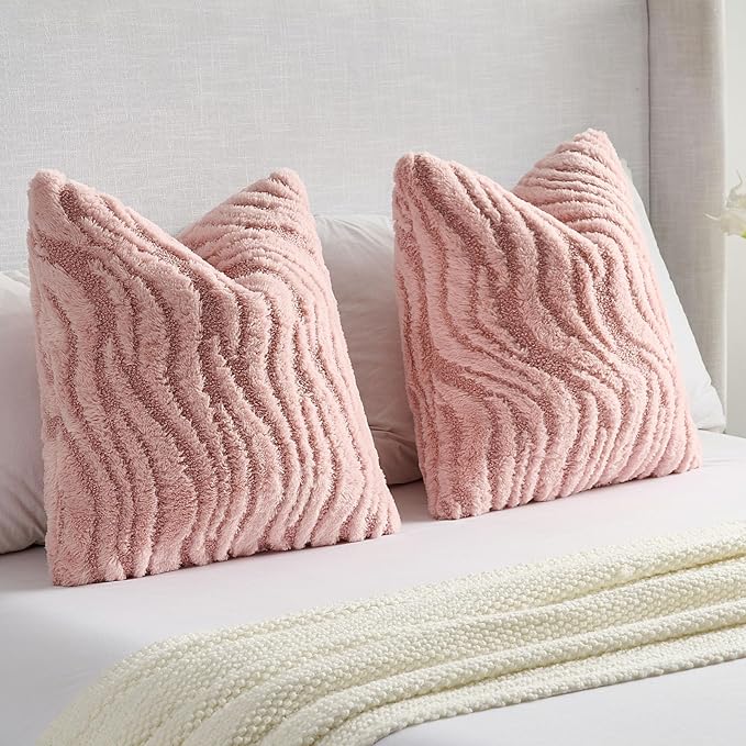 FUTEI Pink Decorative Throw Pillow Covers 18x18 Inch Set of 2,Soft Faux Fur Geometric Shapes Texture Cushion Case,Boho Home Decor for Couch Bed Living Room