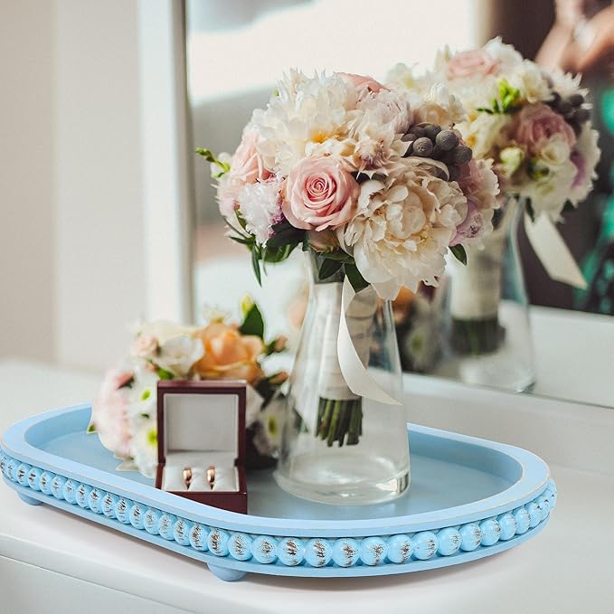 HPC Decor 15in Oval Light Blue Wood Beaded Tray for Home, Decorative Serving Tray, Rustic Farmhouse Wooden Trays for Vintage Centerpiece, Kitchen Counter, Living Room, Coffee Table